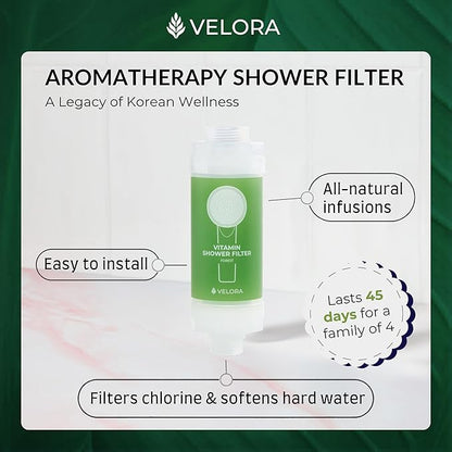 VELORA Vitamin C Shower Filter - Forest-Scented Aromatherapy Shower Water Filter and Softener - Universal Showerhead Bathroom Attachment - Replenish Dry Skin, Soften and Nourish Hair