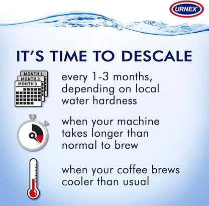 Urnex Dezcal Coffee and Espresso Descaler and Cleaner - 2 Pack - Activated Scale Remover Use with Home Coffee Brewers Espresso Machines Pod Machines Capsule Machines Kettles Garmet Steamers