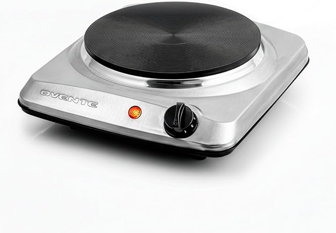 OVENTE Electric Cast Iron Single Burner, 1000W Hot Plate, Silver BGS101S | 7.25" Portable Countertop Cooktop, Stainless Steel, 5 Level Temperature Control, Compact Cooking Stove, Easy to Clean