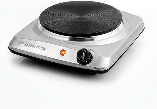 OVENTE Electric Cast Iron Single Burner, 1000W Hot Plate, Silver BGS101S | 7.25" Portable Countertop Cooktop, Stainless Steel, 5 Level Temperature Control, Compact Cooking Stove, Easy to Clean