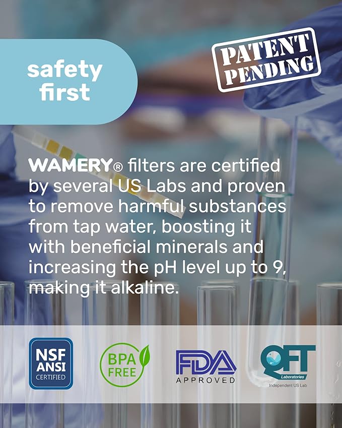 Wamery Alkaline Pitcher Water Filter Replacement - Model 1001122, 3 Pack, Multi‑Stage Gravity Cartridges, Improves pH & Taste, Activated Carbon + Mineral Layer, 42‑Gallon Each, Leak‑Free Fit, BPA‑Free