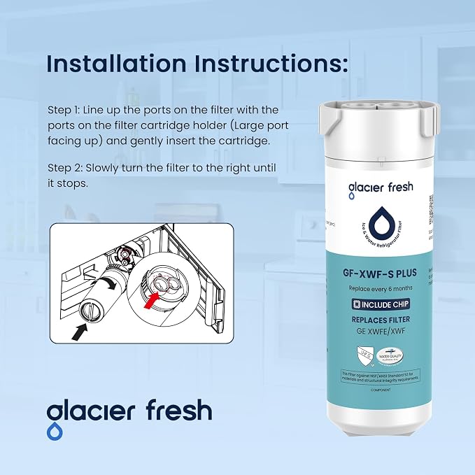 GLACIER FRESH Water Filter Compatible with XWFE (Built-in CHIP), Replacement for GE XWFE, XWF Refrigerator Water Filter NSF/ANSI 53 Certification Pack of 2 | Replacement for GE XWFE, XWF Refrigerator Water Filter NSF/ANSI 53 Certification
