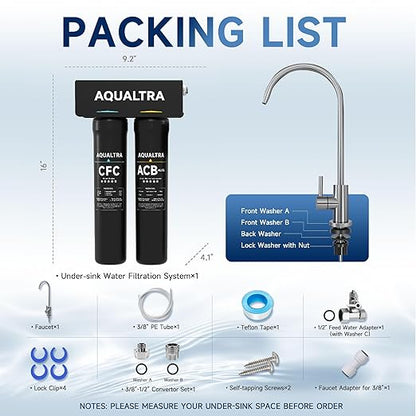 AQUALTRA USF-2F-15 Slightly Alkaline Under Sink Filter System, 28K Gal with Faucet, Reduce PFOA, PFOS, Chlorine, Lead, Mercury, Chloramine, Fluoride, Microplastics Particles, Bad Taste & Odor