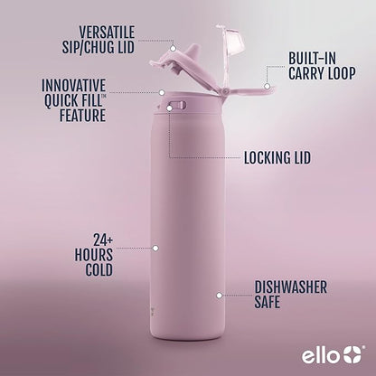 Ello Pop & Fill 22oz Stainless Steel Water Bottle with Quick Fill Technology, Double Walled and Vacuum Insulated Metal, Leak Proof Locking Lid, Sip and Chug, Reusable, BPA Free, Mauve