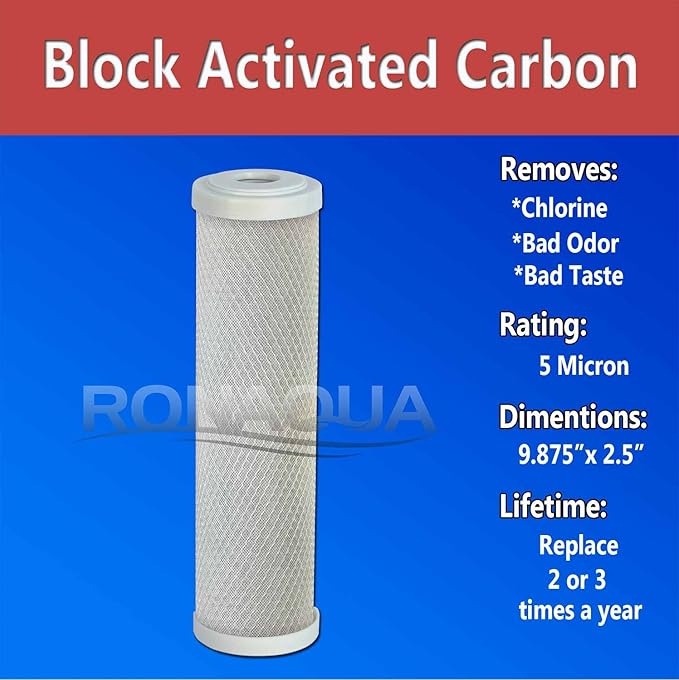 Block Activated Carbon Coconut Shell Water Filter Cartridge 5 Micron for RO & Standard 10” Housing WELL-MATCHED with WFPFC8002, WFPFC9001, WHCF-WHWC, WHEF-WHWC, FXWTC, SCWH-5 (3 Pack)