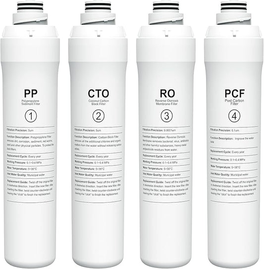 ROPOT 4-Pack Replacement Filter Set Compatible with Bluevua RO100ROPOT RO100ROPOT-UV RO System (1 PP, 1 CTO, 1 RO, 1 PCF)