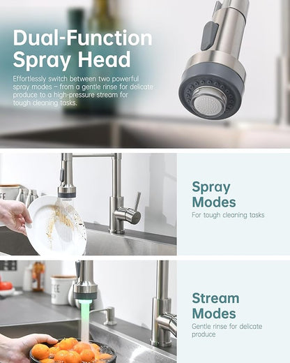 GIMILI LED Kitchen Faucet with Soap Dispenser, Modern Single Handle Spring Kitchen Sink Faucets with Pull Down Sprayer