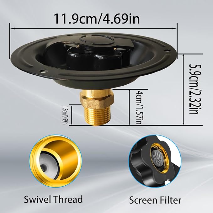 RV City Water Inlet with Check Valve, 3/4 NH Female to 1/2 NPT Male Black Flange RV Fresh Water Inlet, RV Water Inlet Replacement, RV Water Inlet with Dust Plug for RV Camper Motorhome, Black