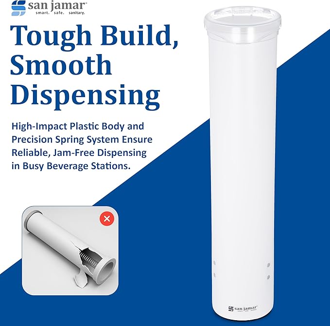 San Jamar Small Pull-Type Cup Dispenser Fits 3-4.5 Oz Cone Cups, 3-5 Oz Flat Cups with Flip Caps for Restaurants, Dining Halls, and Fast Food, Plastic, 16 Inches, White
