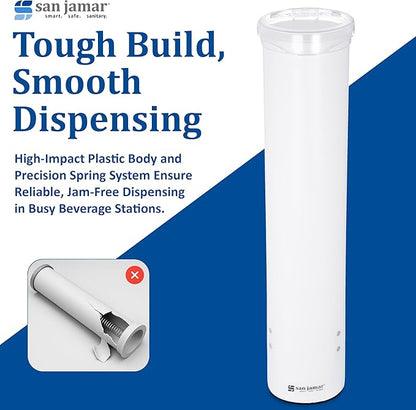 San Jamar Small Pull-Type Cup Dispenser Fits 3-4.5 Oz Cone Cups, 3-5 Oz Flat Cups with Flip Caps for Restaurants, Dining Halls, and Fast Food, Plastic, 16 Inches, White