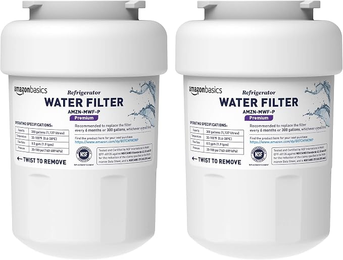 Amazon Basics Replacement Water Filter Cartridge Compatible with GE MWF Refrigerator, NSF Certified, Easy to Install, Leak-Proof, 2-Pack