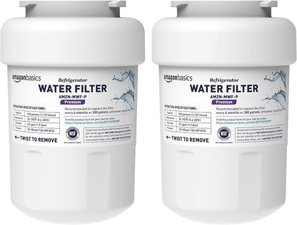Amazon Basics Replacement Water Filter Cartridge Compatible with GE MWF Refrigerator, NSF Certified, Easy to Install, Leak-Proof, 2-Pack