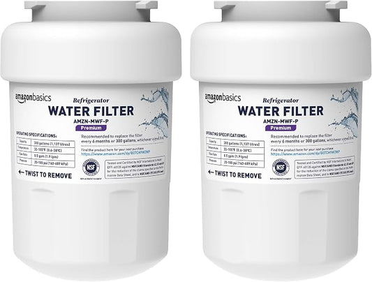 Amazon Basics Replacement Water Filter Cartridge Compatible with GE MWF Refrigerator, NSF Certified, Easy to Install, Leak-Proof, 2-Pack