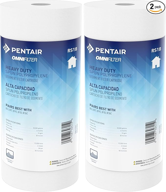 Pentair OMNIFilter RS18 Sediment Water Filter, 10-Inch, Whole House Heavy Duty Big Blue Spun Polypropylene Replacement Cartridge, 10" x 4.5", 50 Micron, White (Pack of 2)