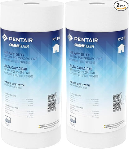Pentair OMNIFilter RS18 Sediment Water Filter, 10-Inch, Whole House Heavy Duty Big Blue Spun Polypropylene Replacement Cartridge, 10" x 4.5", 50 Micron, White (Pack of 2)