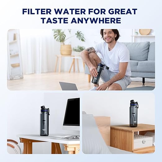 Filtered Water Bottle, Membrane Solutions C3 Water Bottle Filter with Replaceable ACFX2 Filter Cartridge, Portable Water Filter 36oz BPA-Free for Travel, Hiking & Camping Drinking use(Grey)