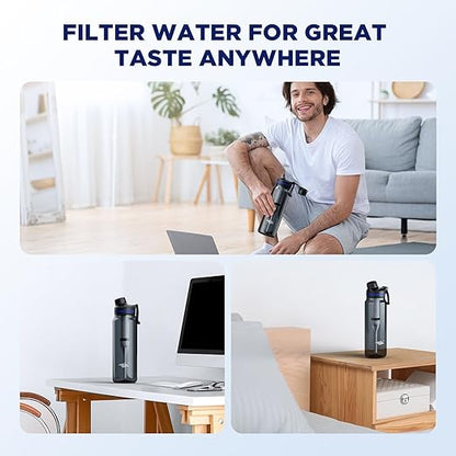 Filtered Water Bottle, Membrane Solutions C3 Water Bottle Filter with Replaceable ACFX2 Filter Cartridge, Portable Water Filter 36oz BPA-Free for Travel, Hiking & Camping Drinking use(Grey)