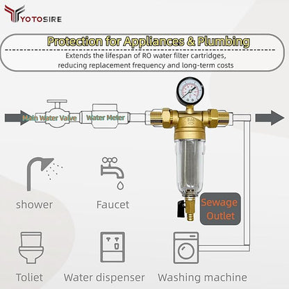 Spin Down Sediment Water Filter System with Pressure Gauge, 50&100 Micron Stainless Steel filter Mesh Pre-Filter for City/Well Water, 1" MNPT & 3/4" FNPT/MNPT Ports, Easy Backwash Cleaning
