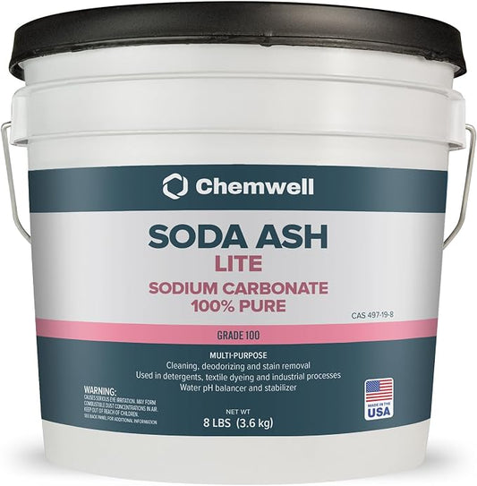 Chemwell Soda Ash Lite Grade 100 (8 lbs) - 100% Pure Sodium Carbonate - Water Softener, pH Adjuster, Cleaner & Pool Chemical, Tie-Die Enhancer - Multi-Purpose Powder for Home & Industrial Use