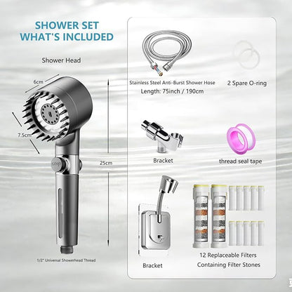 High Pressure Filtered Shower Head with Handheld for Hard Water | Ion Shower Head with 12 Replaceable Water Softener Filters,78" Anti-Burst Hose,Adjustable Bracket,4 Spray Modes,ON/OFF Switch
