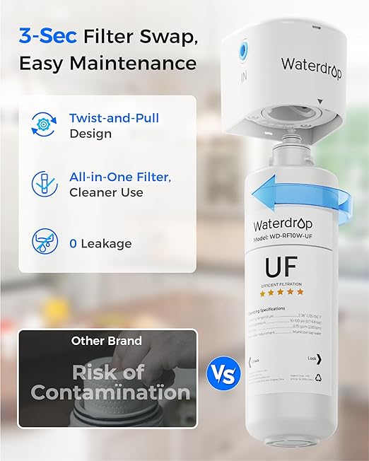 Waterdrop 10UBW-UF 0.01 μm Ultra Filtration Under Sink Water Filter System, Reduces Lead, Chlorine, Bad Taste & Odor, 1 Year, with Dedicated Brushed Nickel Faucet, USA Tech