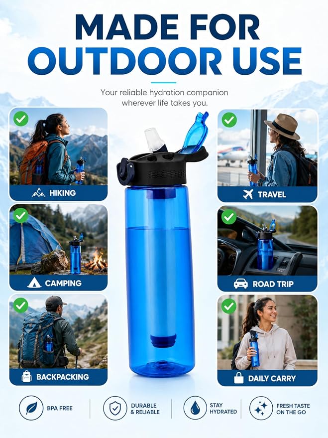22oz Water Filter Bottle, Portable Outdoor Filtered Water Bottle with Multi-Layer Filtration, Improves Taste & Reduces Odor, BPA-Free Reusable Bottle for Hiking, Camping & Travel (Blue)