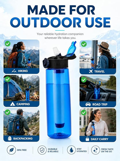 22oz Water Filter Bottle, Portable Outdoor Filtered Water Bottle with Multi-Layer Filtration, Improves Taste & Reduces Odor, BPA-Free Reusable Bottle for Hiking, Camping & Travel (Blue)