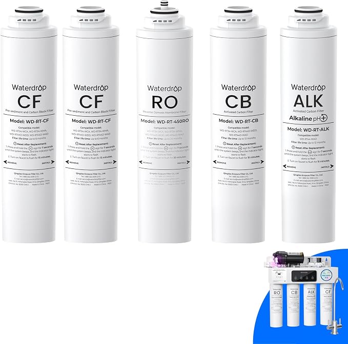Waterdrop RT-2CFCBALKRO Filter, Replacement for T4-A Tankless RO System | Includes one 24-Month RO filter, two 6-Month CF filters, one 12-Month CB filter, and one 12-Month ALK filter