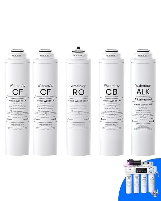Waterdrop RT-2CFCBALKRO Filter, Replacement for Waterdrop T4-A Tankless Reverse Osmosis System (𝐂𝐅*𝟐 + 𝐂𝐁*𝟏 + 𝐀𝐋𝐊*𝟏 + 𝐑𝐎*𝟏)
