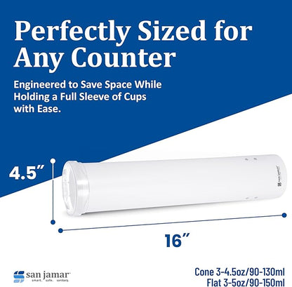 San Jamar Small Pull-Type Cup Dispenser Fits 3-4.5 Oz Cone Cups, 3-5 Oz Flat Cups with Flip Caps for Restaurants, Dining Halls, and Fast Food, Plastic, 16 Inches, White