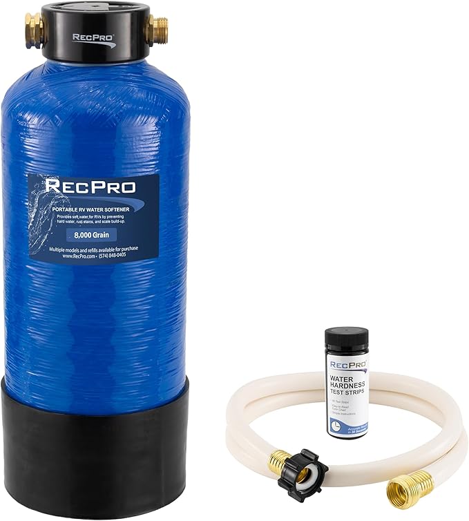 RecPro RV Water Softener Portable | Prevents Hard Water Buildup | Hose and TDS Water Test Strips Included | Cation Exchange Resin (8,000 Grain)