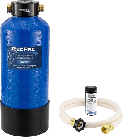 RecPro RV Water Softener Portable | Prevents Hard Water Buildup | Hose and TDS Water Test Strips Included | Cation Exchange Resin (8,000 Grain)