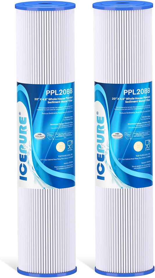 ICEPURE 5 Micron 20" x 4.5" Whole House Pleated Sediment Filter Replacement Cartridge for Well Water, Compatible with ECP5-BB, AP810-2, HDC3001, SPC-45-1005, CP5-BB, ECP1-20BB, S1-20BB,R30-20BB, 2Pack