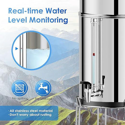 Purewell 3-Stage 0.01μm Ultra-Filtration Gravity Water Filter System, 304 Stainless Steel Countertop System with 2 Filters, Metal Water Level Spigot and Stand, Reduce 99% Chlorine, 2.25G, PW-OB-K