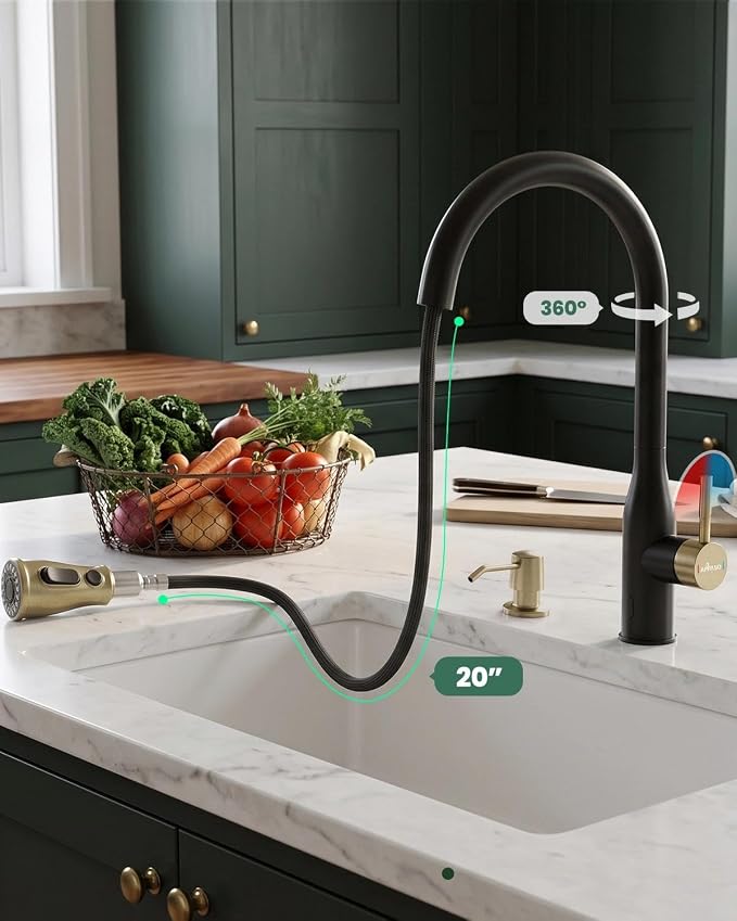 APPASO Black Gold Touchless Kitchen Faucets with Soap Dispenser & Sprayer | cUPC Lead-Free Hoses Motion Sensor Hands Free Sink Faucet Pull Down 3 Modes Single Handle for 1-4 Hole Sink with Deck Plate