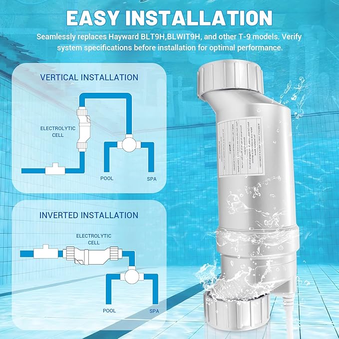 Salt Cell T-9 Upgrade Replacement Fit for Hayward BLT9H W3T-Cell-9 AquaRite AquaTrol & More, Up to 25,000 Gallons Pool Salt Turbo Cell Chlorinator Generator