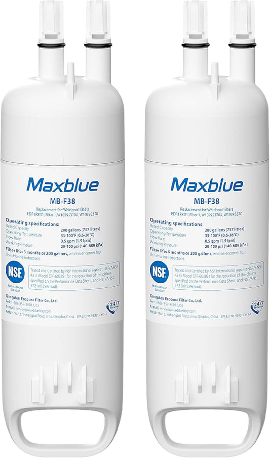 Maxblue EDR1RXD1 Replacement for Everydrop® Filter 1, Whirlpool® W10295370A, EDR1RXD1B, P8RFWB2L, P4RFWB, MB-F38, Kenmore® 46-9081, 46-9930 Refrigerator water filter, 2 Filters