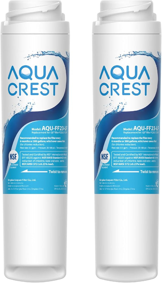 AQUA CREST FQSLF, FQSVF Under Sink Water Filter, Replacement for GE FQSLF, FQSVF, FQSVN, FQROPF, Compatible with GE GXSV65R, PXRQ15F, PNRQ15F, NSF 42 Certified, Model No.AQU-FF23-LF, 2 Pack
