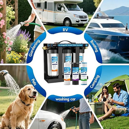 RV Water Filter System,0.01 Micron Camper Water Filter System, 5-Stage RV Water Filtration System Reduces Sediments, Chlorine, Vocs, Heavy Metals, Odors for Travel Trailers, Boats, 1" Inlet/Outlet