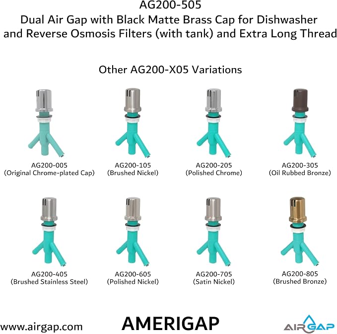 Dual Air Gap with Black Matte Brass Cap for Dishwasher and Reverse Osmosis Filters (with tank) and Extra Long Thread (AG200-505, AG200-X05, AMERIGAP)