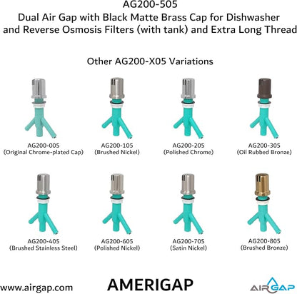Dual Air Gap with Black Matte Brass Cap for Dishwasher and Reverse Osmosis Filters (with tank) and Extra Long Thread (AG200-505, AG200-X05, AMERIGAP)