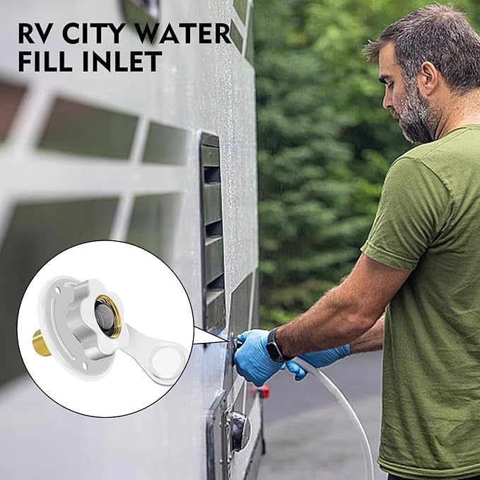 RV City Water Inlet with Check Valve, 3/4 NH Female to 1/2 NPT Male Flange RV Fresh Water Inlet, RV Water Inlet Replacement, RV Water Inlet with Dust Plug for RV Camper Motorhome, White