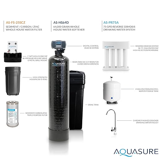 Aquasure Whole House Water Filtration Bundle w/Water Softener, 75 GPD RO System & Dual Purpose Sediment/GAC Pre-Filter (72,000 Grains)