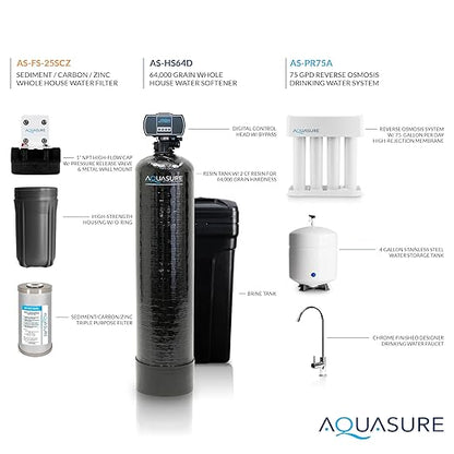 Aquasure Whole House Water Filtration Bundle w/Water Softener, 75 GPD RO System & Dual Purpose Sediment/GAC Pre-Filter (72,000 Grains)
