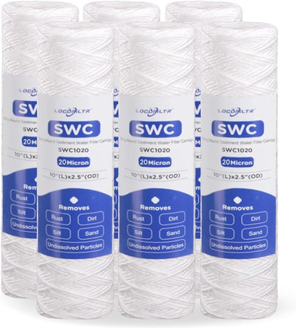 Whole House 20 Micron 10" x 2.5" String Wound Sediment Well Water Filter Cartridge Replacement for FXWSC, CW-MF, 155187-43, AO-WH-PRE-R2, W30W, RS12, SWC-25-1020, SP-CW20, SF20-978 (Pack of 6)