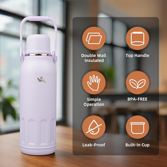 Insulated Water Bottle with Handle and Strap,Vacuum Travel Tumbler with Cup Lid,Thermo Coffee Cup for Hot Cold Drinks 50 OZ,Purple