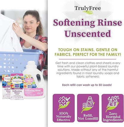 Truly Free Natural Fabric Softener | Non-Toxic for Babies & Kids Sensitive Skin | Plant-Based Laundry Softening Conditioner | Safe, Gentle & Chemical-Free | Unscented | 4 Pack Refill