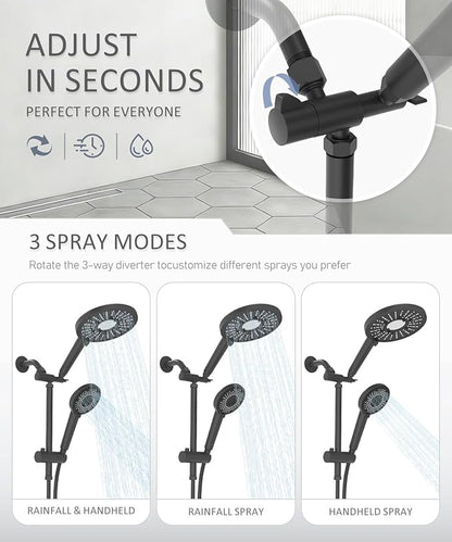 Filtered Shower Head with Handheld Shower Head High Pressure Rainfall System with Slide Bar Dual Filter Softener for Hard Water,6 Spray Modes,Adjustable Height,Black