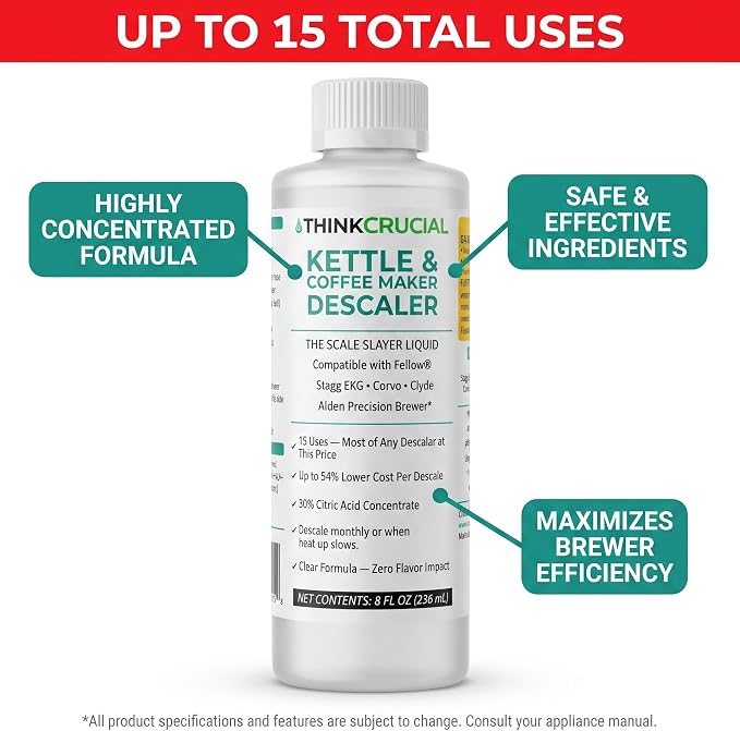 Think Crucial Kettle & Coffee Maker Descaler, 15 Uses, Best Value Per Descale — Compatible with Fellow, Stagg EKG, Corvo, Clyde, Aiden Brewer — Unscented Clear Liquid — 8 fl oz