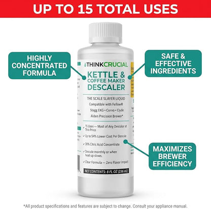 Think Crucial Kettle & Coffee Maker Descaler, 15 Uses, Best Value Per Descale — Compatible with Fellow, Stagg EKG, Corvo, Clyde, Aiden Brewer — Unscented Clear Liquid — 8 fl oz